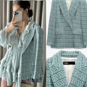 ZARA Double Breasted Tweed Textured Green Blue Blazer Size L